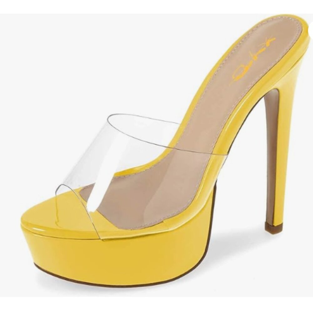 XYD Yellow  Platform Slide Mules Stiletto High Heel Peep Toe Transparent Sandals